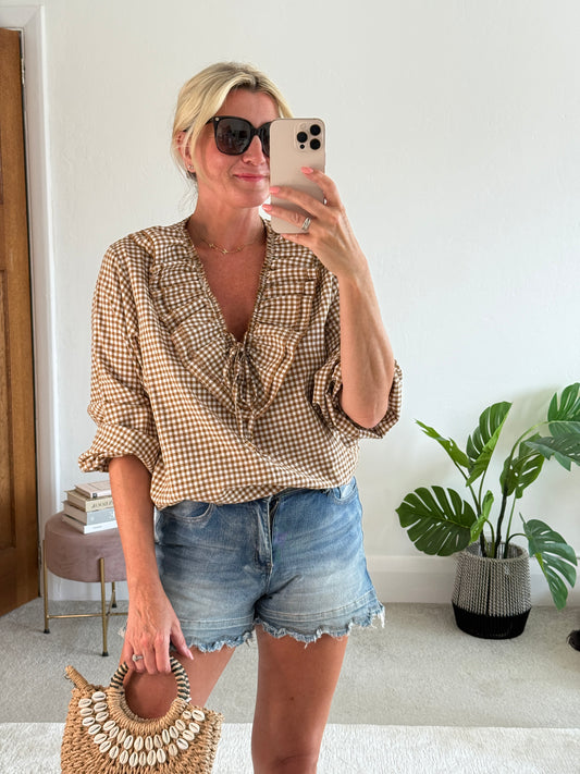 Coffee Gingham Ruffle Blouse