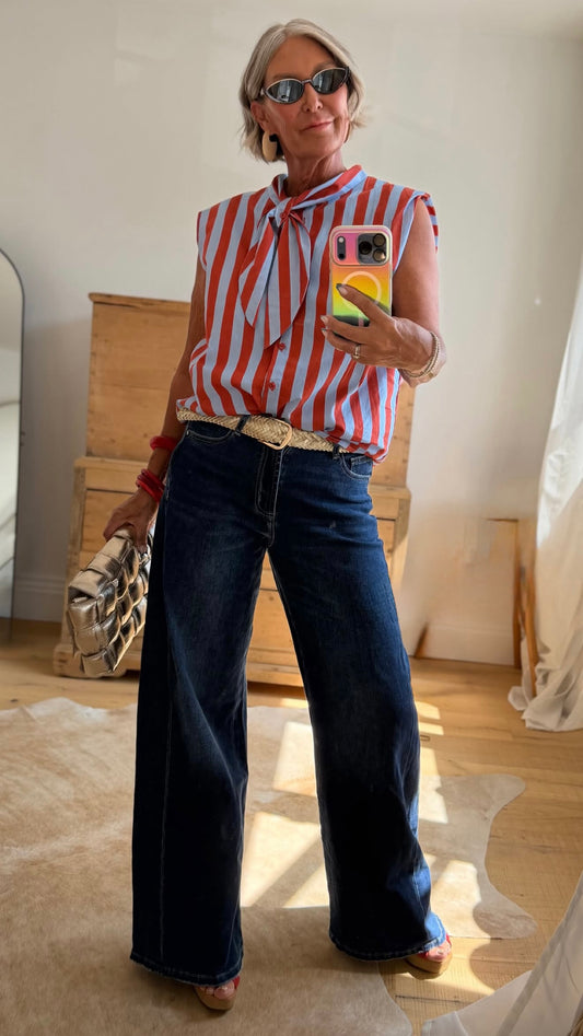 Dk Blue Denim Wide Panel Leg Jeans