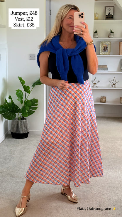 Orange/Blue Retro Check Flared Midi Skirt