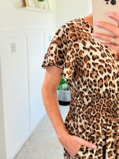 Tan Leopard V Neck Tiered Maxi Dress