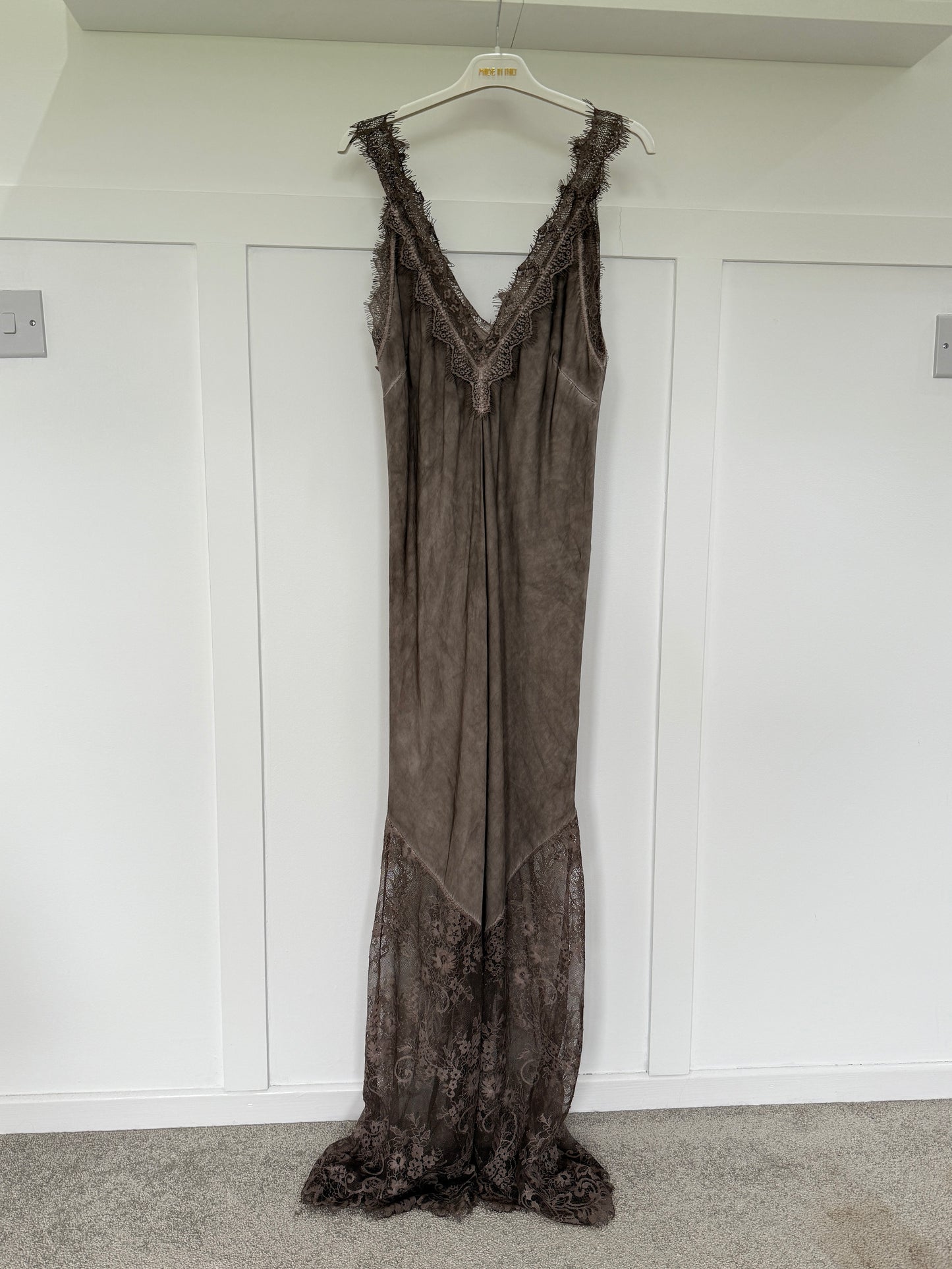 Mocha Satin Lace V-Neck Maxi Slip Dress