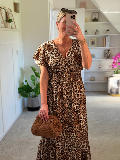 Cream Leopard V Neck Tiered Maxi Dress