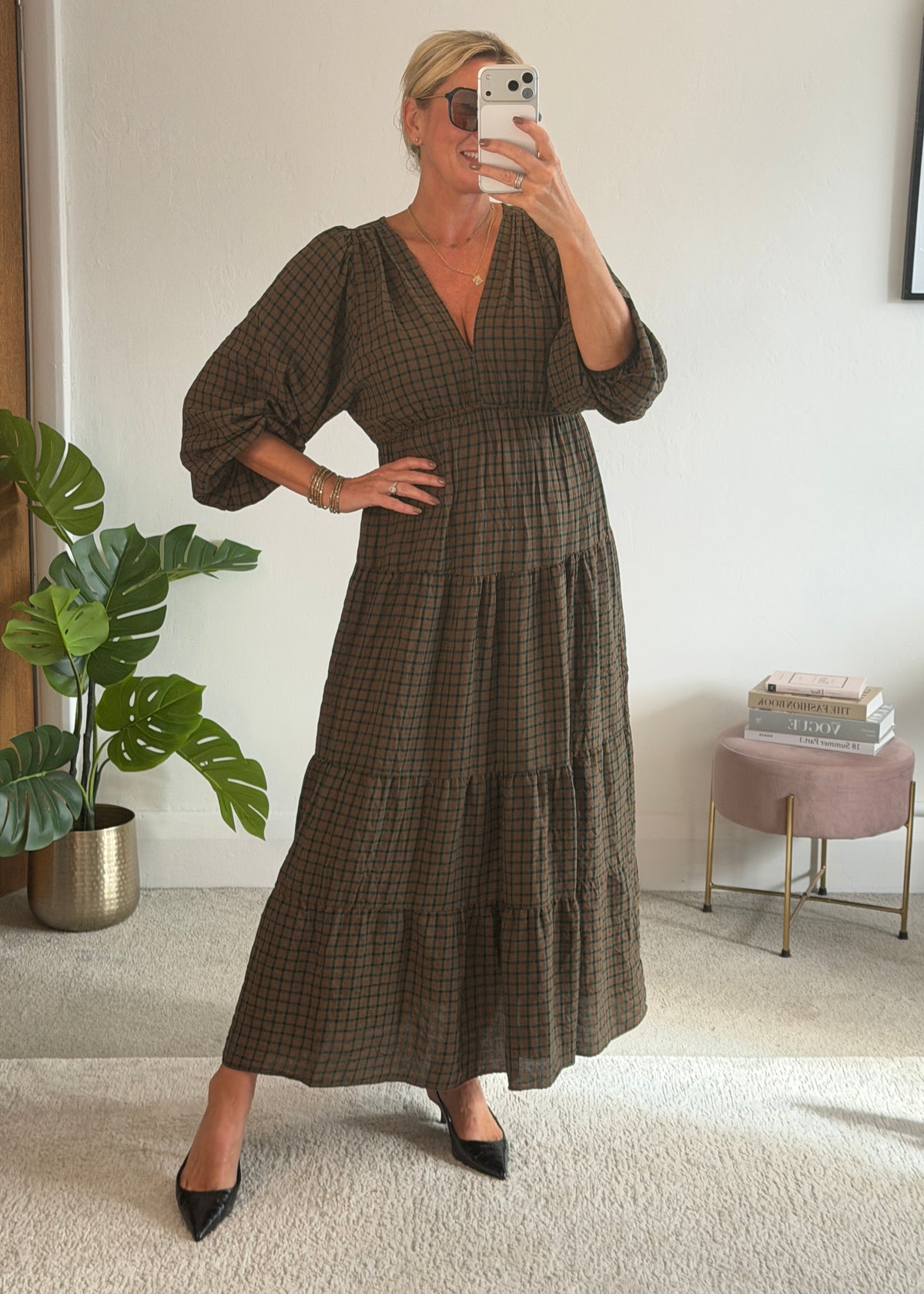 Khaki Heritage Check V-Neck Tiered Dress