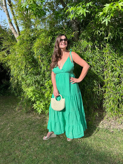Kelly Green Tie Strap Tiered Maxi Dress