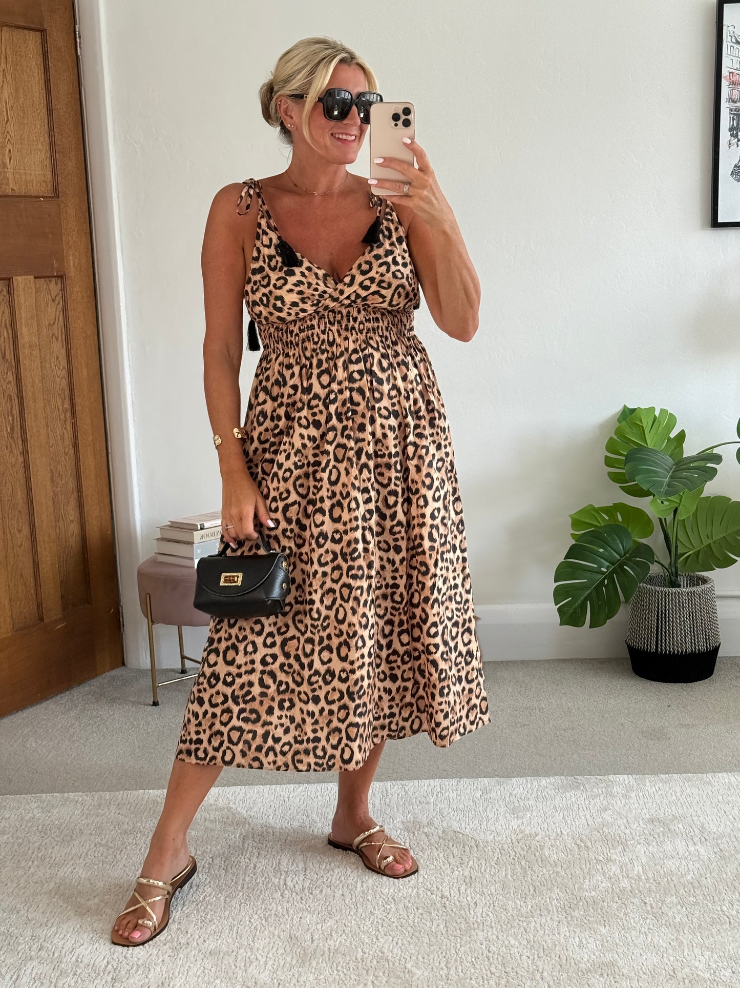 Leopard Tassel Tie Shoulder Midi Dress