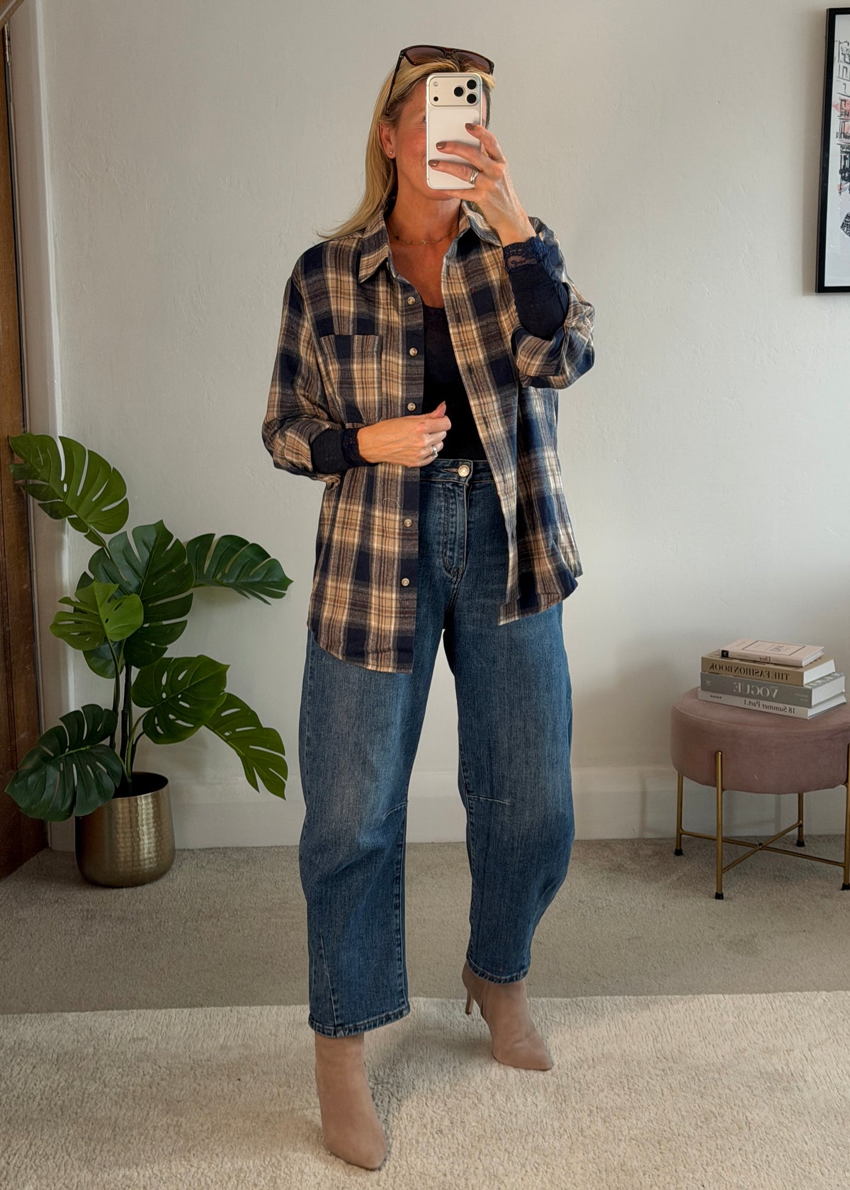 Navy Check Brushed Cotton Blend Shirt