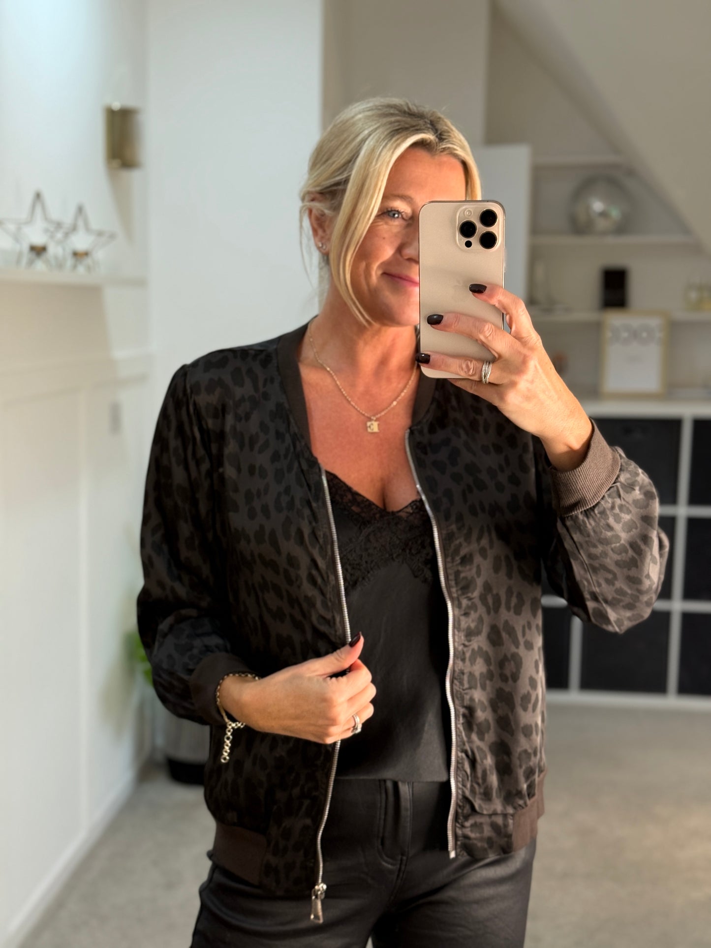 Dark Chocolate Leopard Silk Mix Bomber Jacket