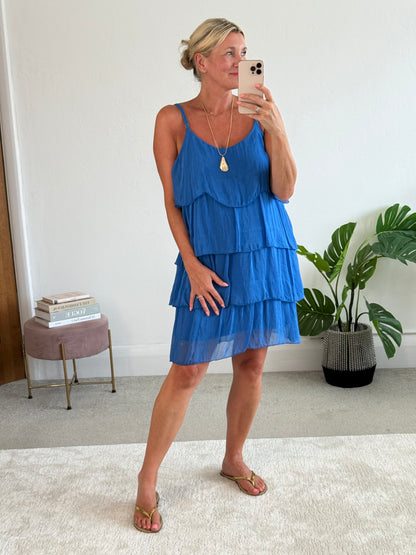 Cobalt Silk Mix Strappy Frill Dress