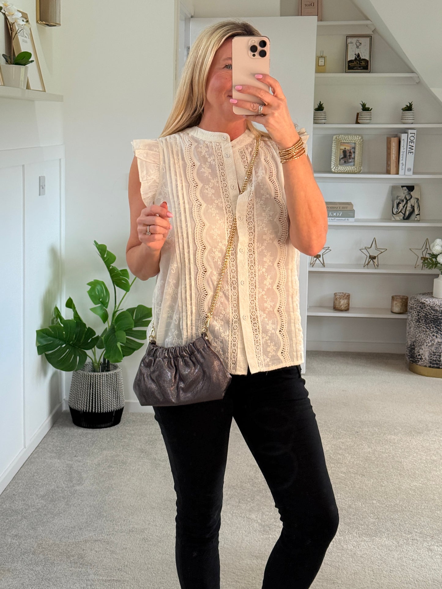 Oatmeal Frill Sleeve Lace Embroidered Blouse
