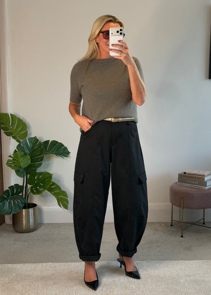 Black Barrel Leg Cargo Trousers