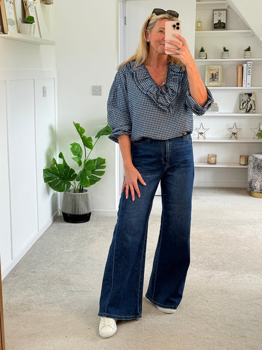 Navy Gingham Ruffle Blouse