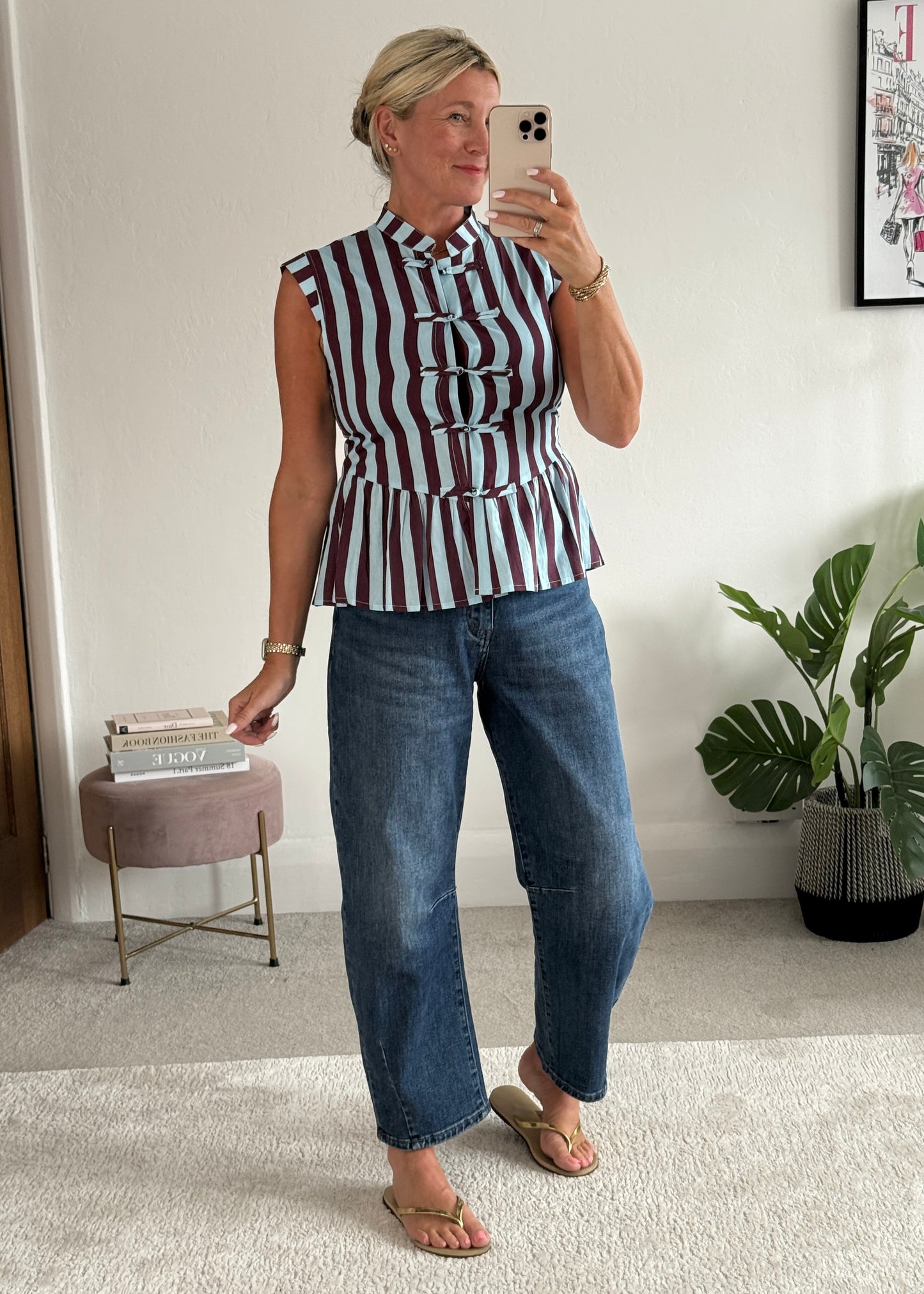 Blue/Plum Mandarin Collar Stripe Peplum Top