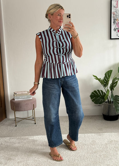 Blue/Plum Mandarin Collar Stripe Peplum Top