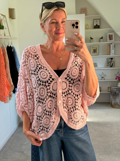 Baby Pink Circle Design Crochet Cardigan