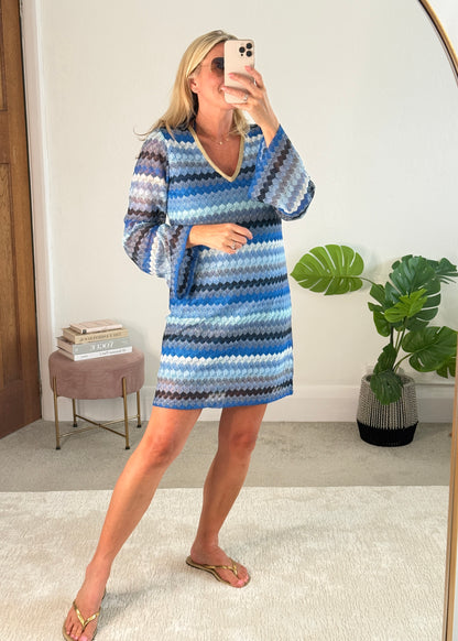 Blue Wavy Crochet Shift Dress