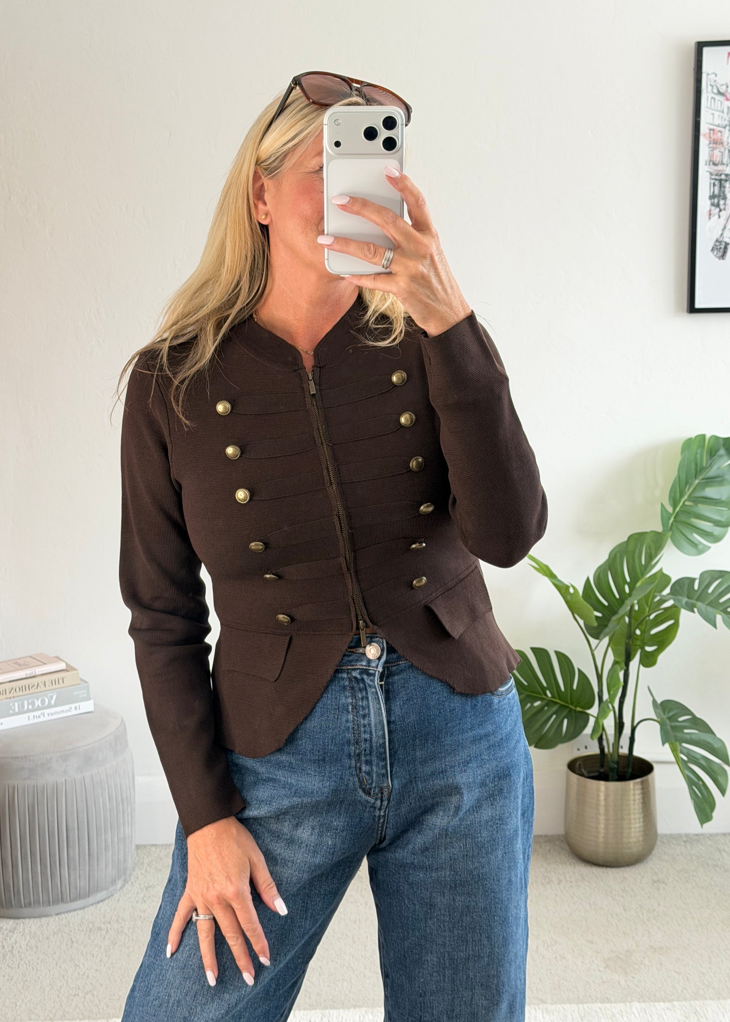 Chocolate Military Button Zip Knit Jacket