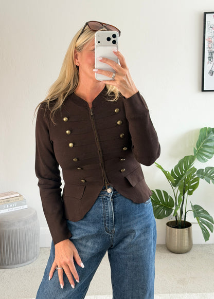 Chocolate Military Button Zip Knit Jacket
