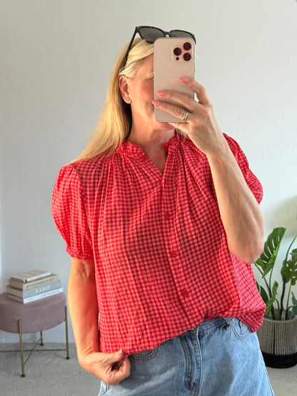 Red Gingham Puff Sleeve Blouse