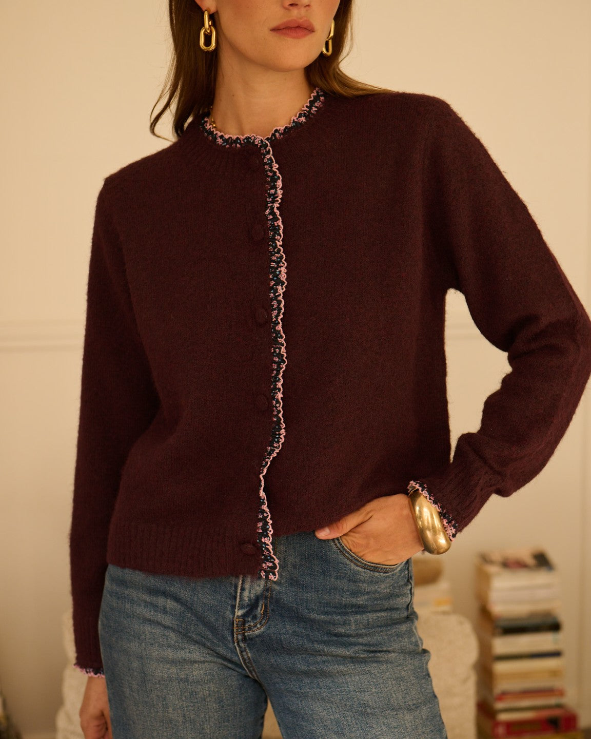 Plum/Pink Floral Frill Trim Cardigan