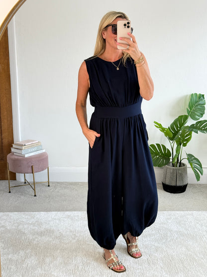 Navy Elasticated Sleeveless Harem Jumpsuit
