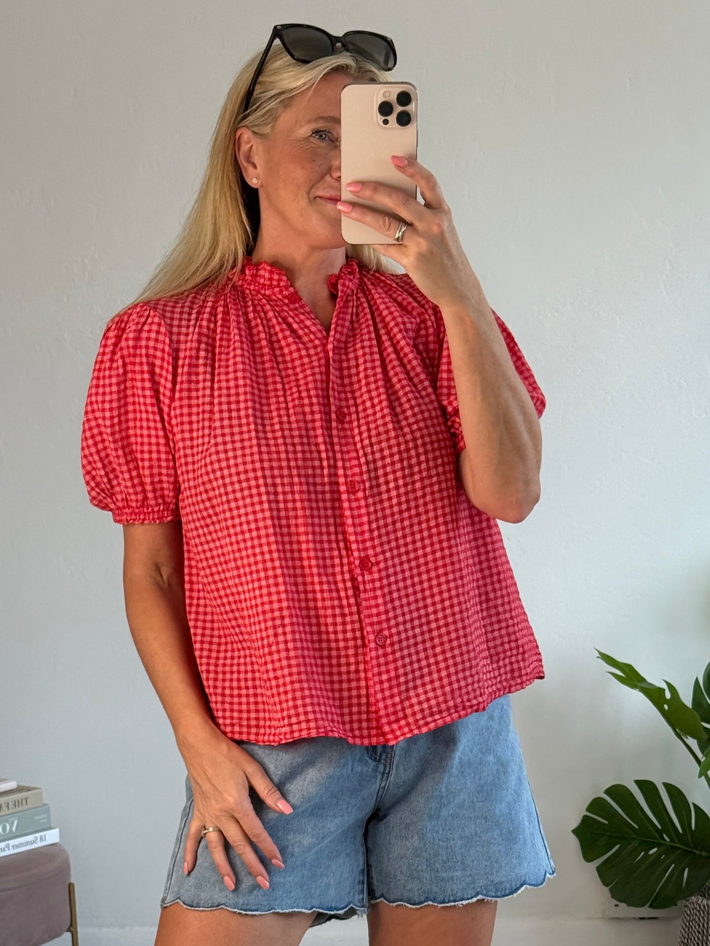 Red Gingham Puff Sleeve Blouse
