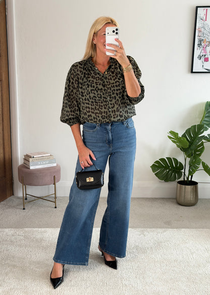 Khaki Leopard 3/4 Puff Sleeve Blouse