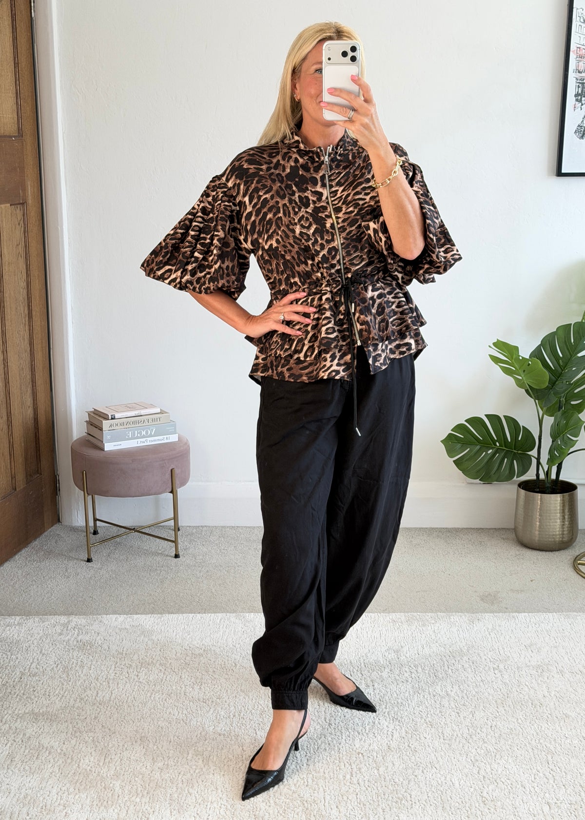 Leopard Balloon Sleeve Peplum Jacket