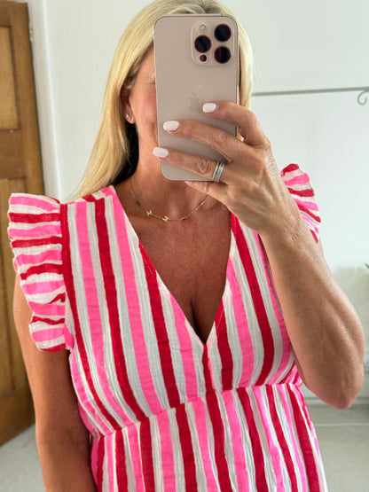 Pink/Red Stripe Cheesecloth Frill Sleeve Maxi Dress (Pre-Order)