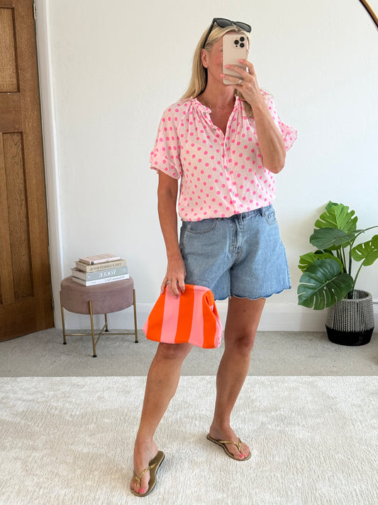 Hot Pink/Pink Polka Dot Frill Sleeve Blouse