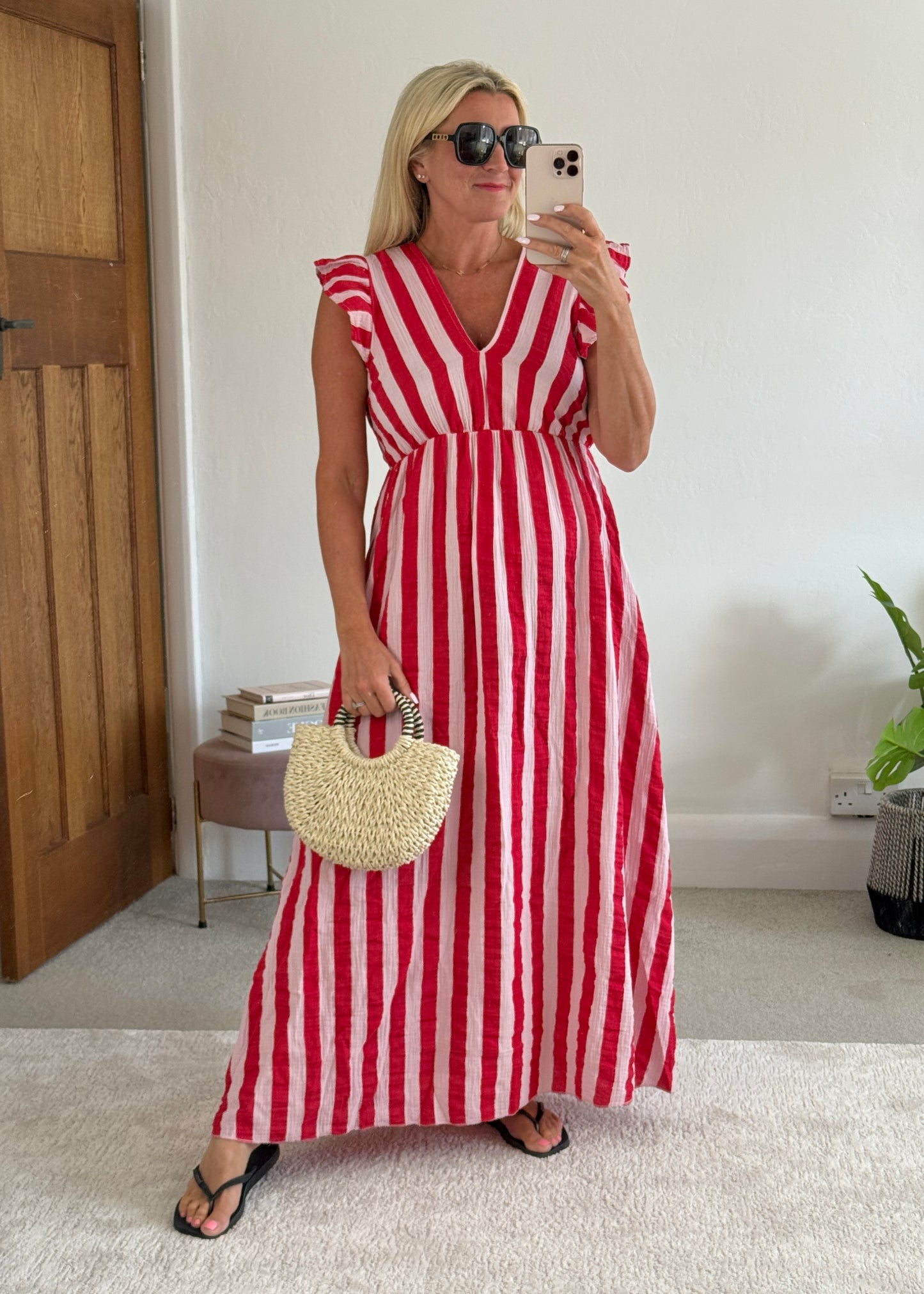 Pink/Red Stripe Cheesecloth Frill Sleeve Maxi Dress