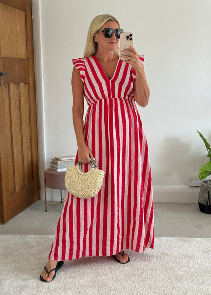 Pink/Red Stripe Cheesecloth Frill Sleeve Maxi Dress