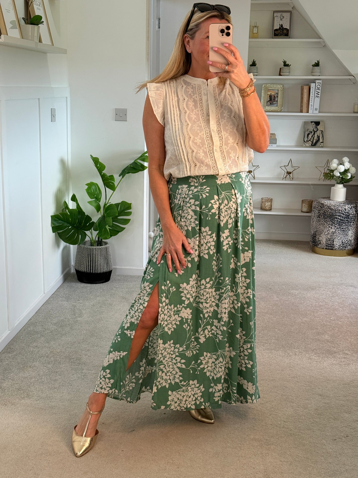 Sage/Oatmeal Botanical Floral Midi Skirt