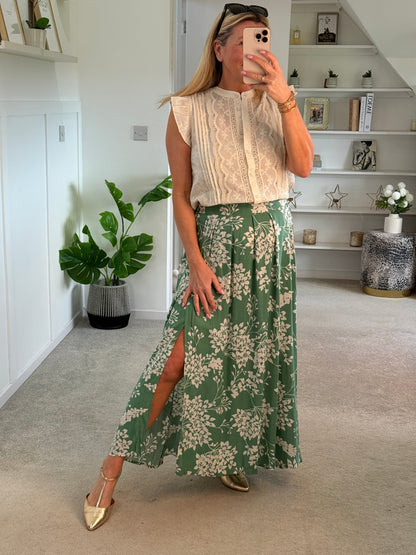 Sage/Oatmeal Botanical Floral Midi Skirt