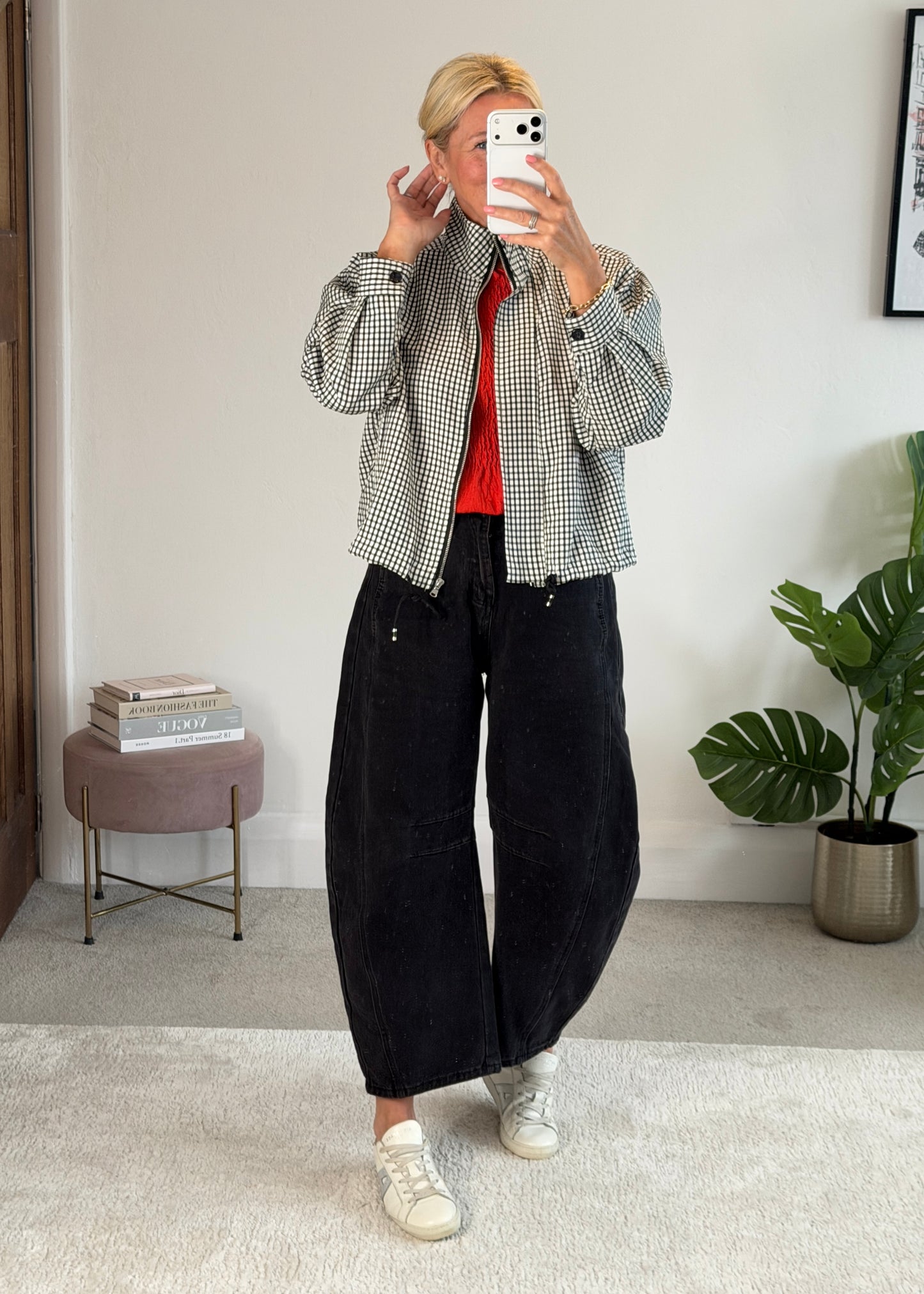 Black Check Funnel Neck Jacket