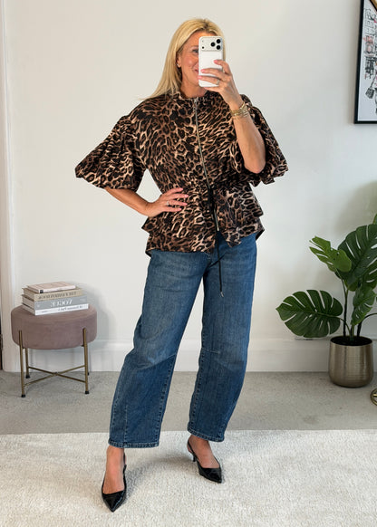 Leopard Balloon Sleeve Peplum Jacket