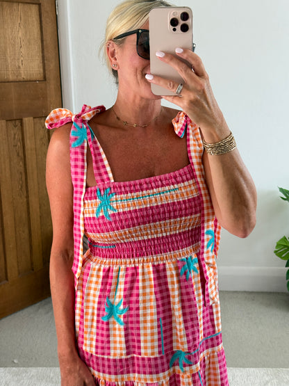 Pink/Orange Gingham/Palm Shirred Maxi Dress
