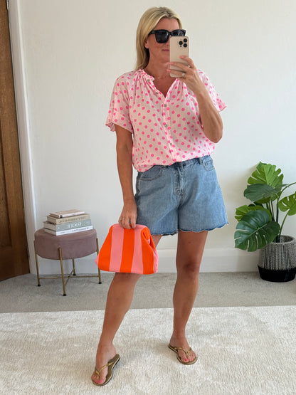 Hot Pink/Pink Polka Dot Frill Sleeve Blouse