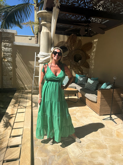 Kelly Green Tie Strap Tiered Maxi Dress