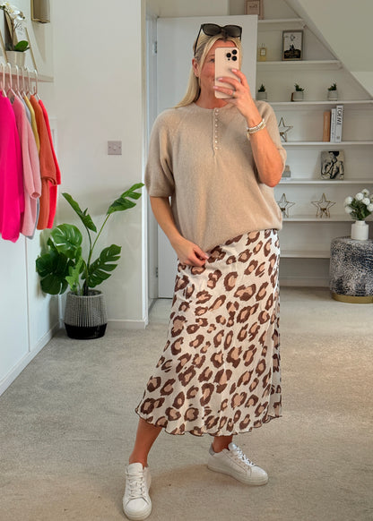 Beige Leopard Satin Slip Skirt