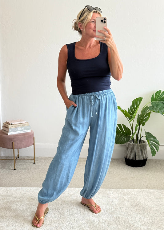 Light Denim Chambray Balloon Trousers