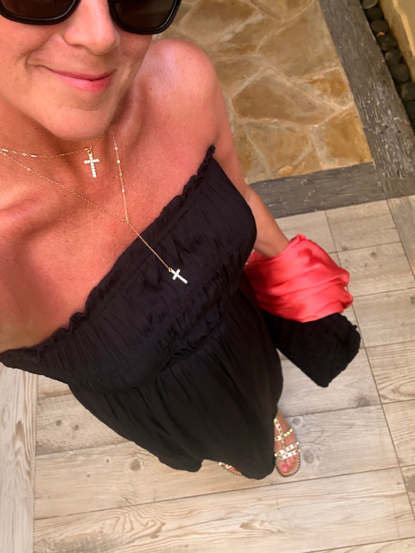 Black Strapless Shirred Dress