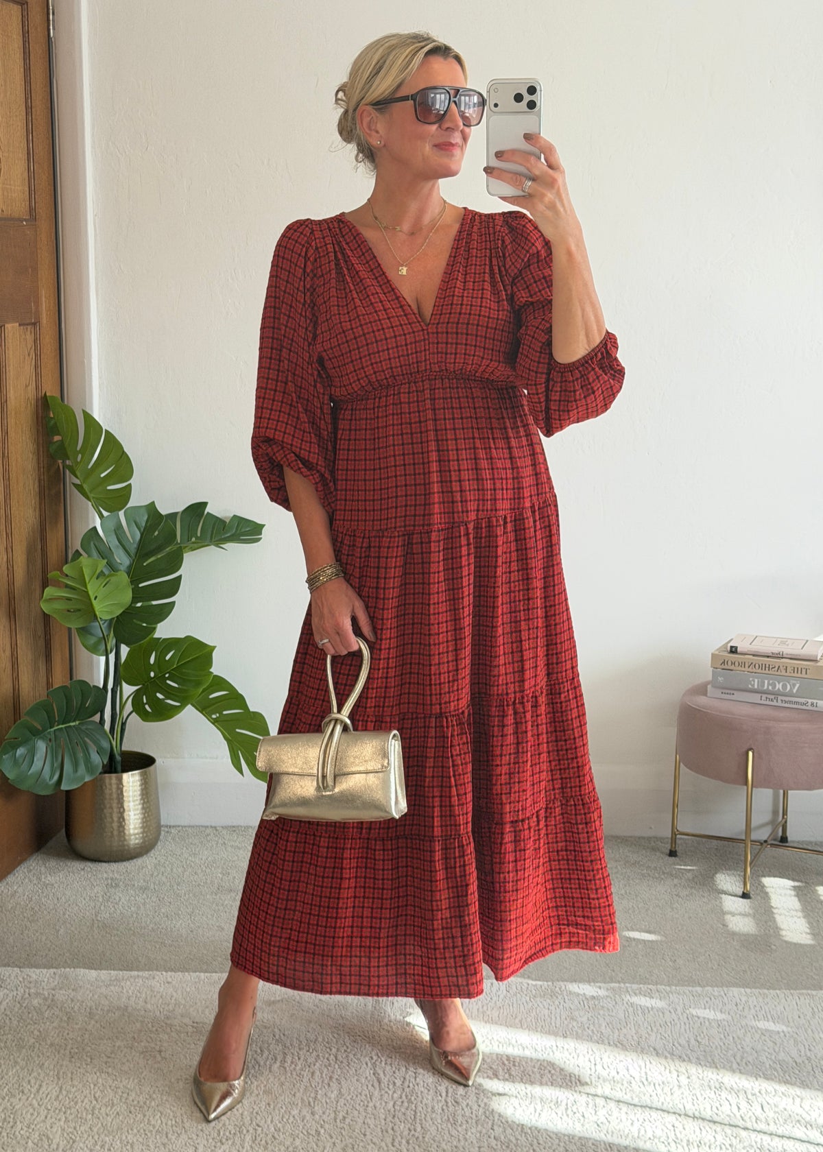 Red Heritage Check V-Neck Tiered Dress