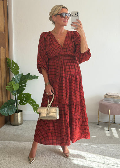 Red Heritage Check V-Neck Tiered Dress
