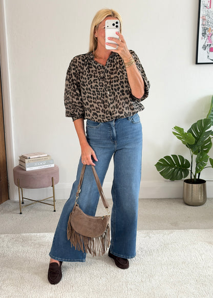 Mocha Leopard 3/4 Puff Sleeve Blouse