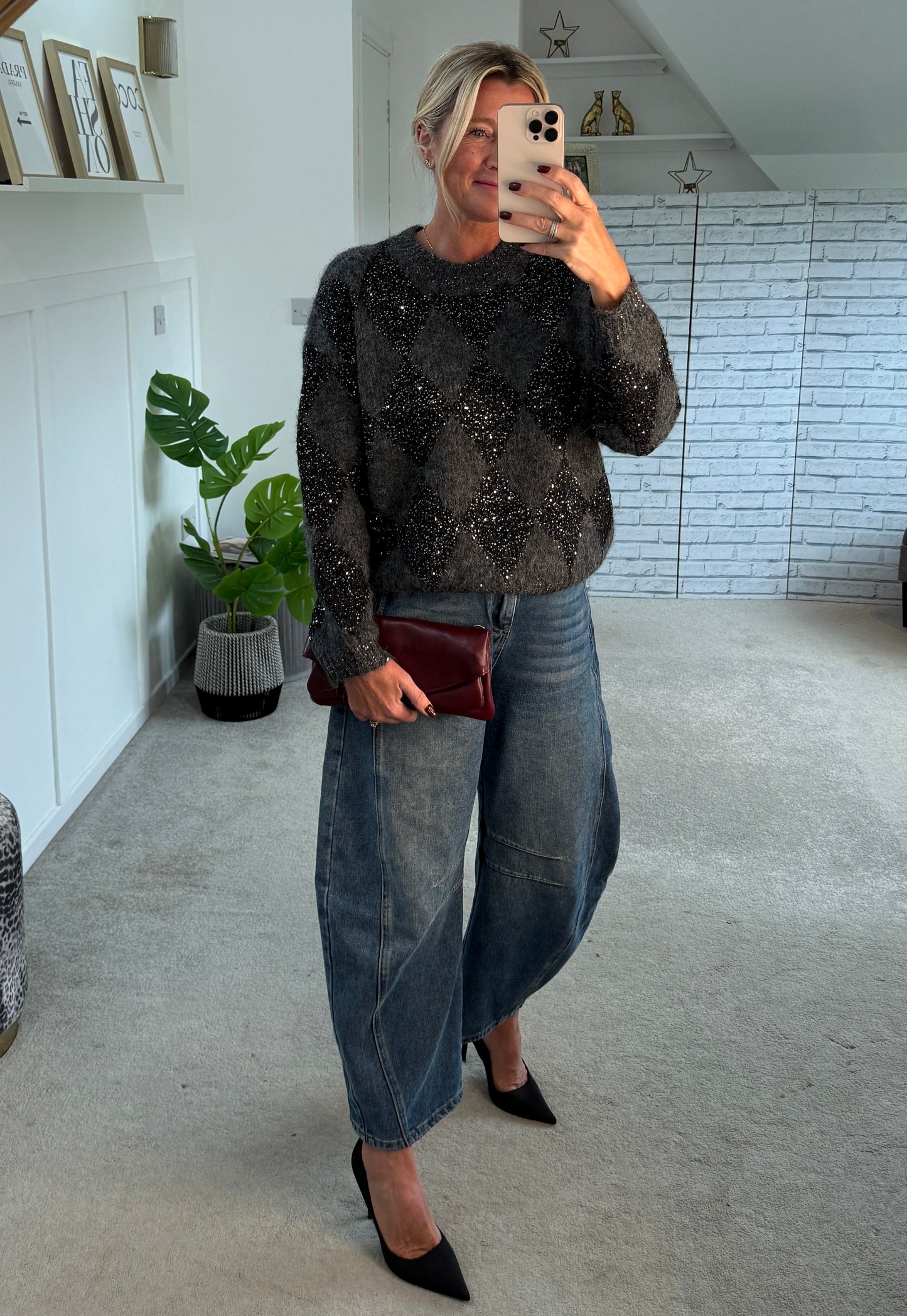 Grey Sequin Argyle Diamond Knit Jumper