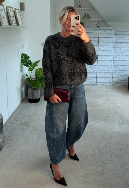 Grey Sequin Argyle Diamond Knit Jumper