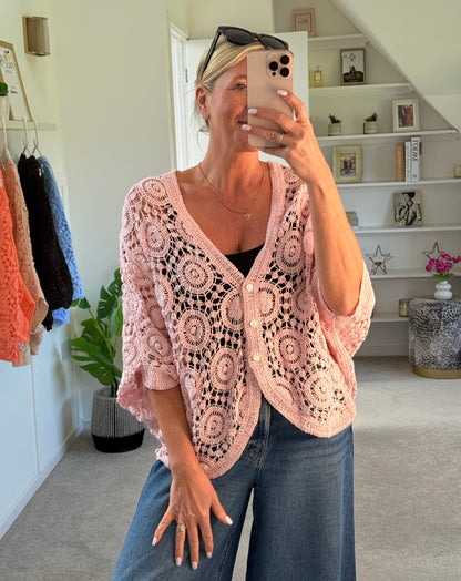 Baby Pink Circle Design Crochet Cardigan