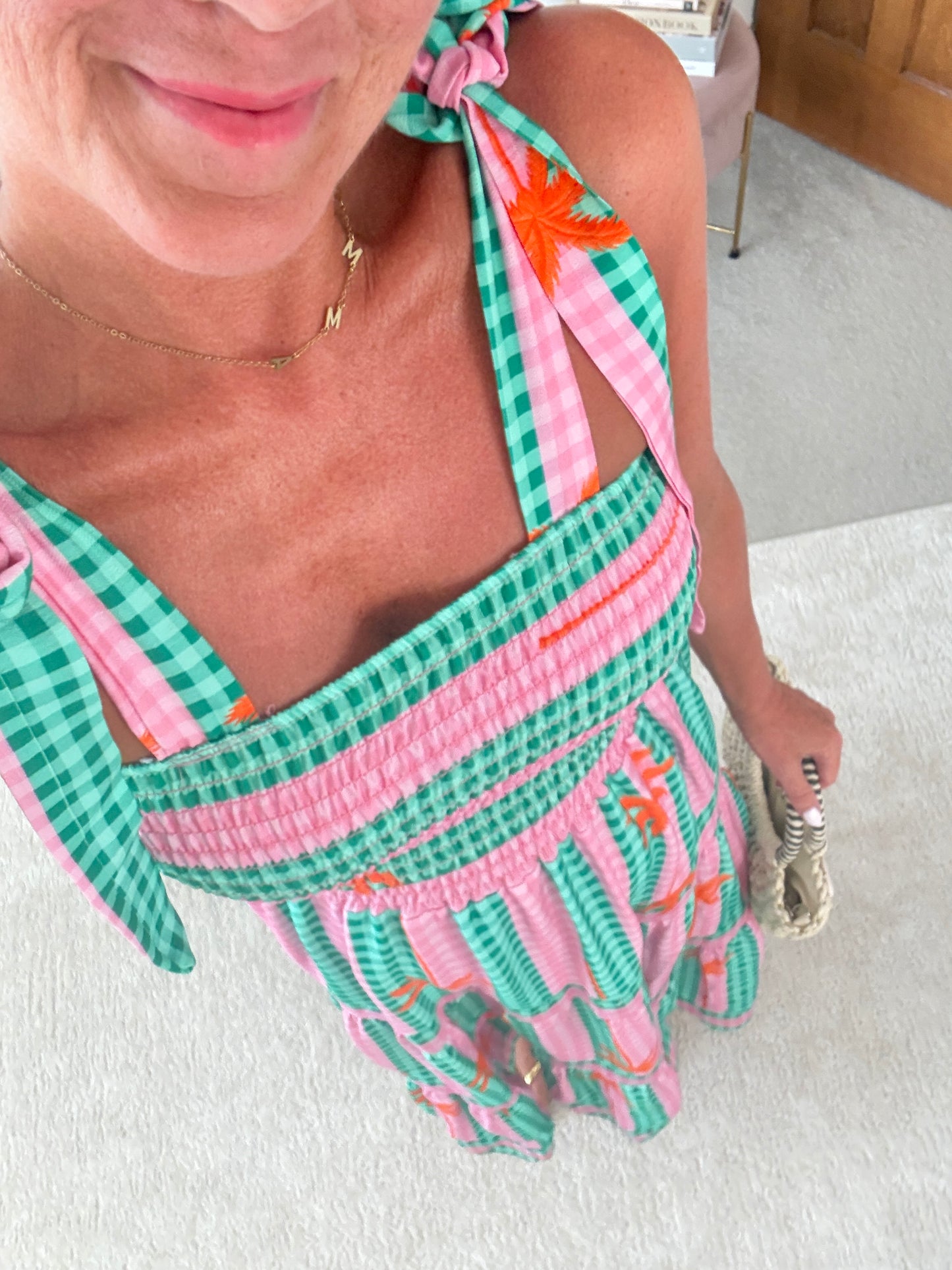 Green/Pink Gingham/Palm Shirred Maxi Dress
