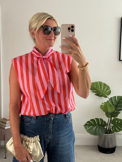 Pink/Orange Stripe Tie-Neck Blouse