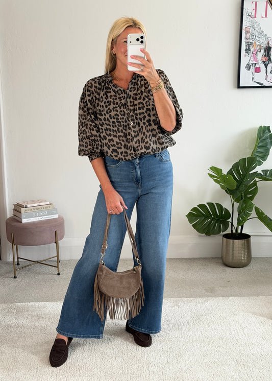 Mocha Leopard 3/4 Puff Sleeve Blouse